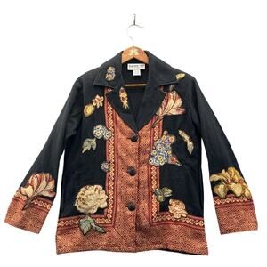 Bedford Fair Vintage Quilted Embroidered Floral Black Blazer Jacket Women XS
